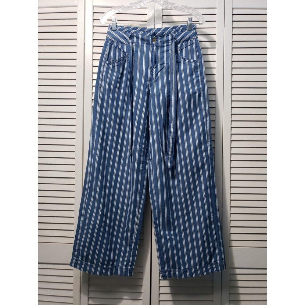 American Eagle Railroad Pants Women's Size 2 Blue Striped Wide Leg Tie Waist